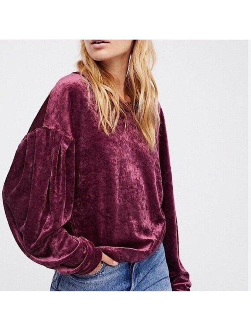 Free People Crushed Velvet Top Womens XS Purple Boxy Oversized